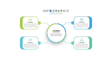 Fototapete - 4 Steps Square Infographic Four square or slightly rounded rectangle elements branch out from the central circle, each representing a single step in the process.