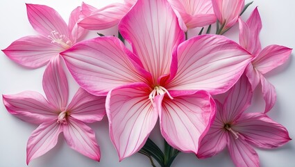 Poster - Close-up of pink and white striped flowers with delicate petals arranged on a light background Copy Space
