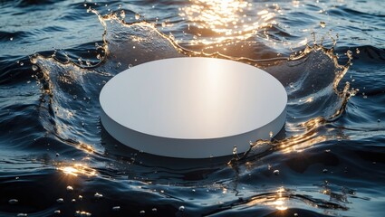 Poster - Water splash with circular pedestal in the ocean reflecting sunlight during sunrise or sunset with copy space for text.