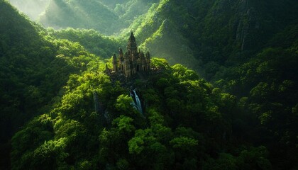 Wall Mural - Castle stands on lush, green mountain; water flows down the sides of the mountain