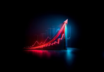 Poster - A vibrant red arrow ascends against a backdrop of blue graph lines, symbolizing progress and positive trends on a dark background.