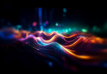 Aufkleber - Abstract image featuring flowing, wavy lines of vibrant blue, orange, and green light against a dark backdrop, creating a dynamic and colorful composition.