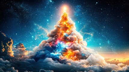 Poster - Majestic Cosmic Mountain Surrounded by Vibrant Clouds and Starry Sky with Glowing Light Source Above
