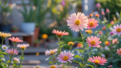 Poster - Colorful daisies in bloom in a garden setting with blurred background and soft sunlight, suitable for floral design, Copy Space