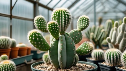 Poster - Green cactus plant with multiple pads and spines in a greenhouse environment, surrounded by various other cacti, natural light, Copy Space