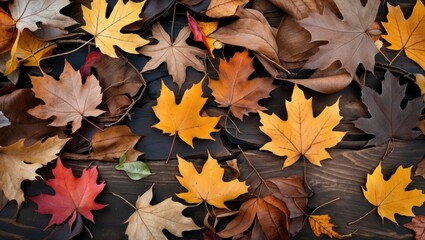 Poster - Autumn leaves in various colors including yellow, red, and brown scattered on a wooden surface with Copy Space