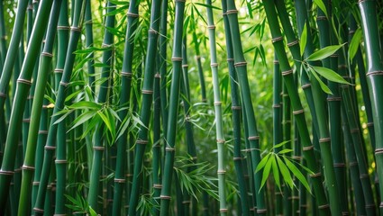 Poster - Lush green bamboo forest with tall stalks and vibrant leaves creating a natural abstract background Copy Space