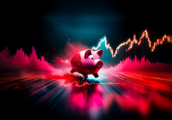 Poster - A pink piggy bank is positioned against a backdrop of dynamic financial graphs, symbolizing savings within fluctuating market trends. Vibrant colors of red and blue emphasize the financial concept.