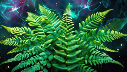 Poster - Green Fern Plant with Vibrant Leaves on Dark Background and Ethereal Light Effects Copy Space