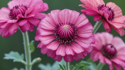 Poster - Pink flowers in full bloom with intricate petal details against a blurred green background. Copy Space