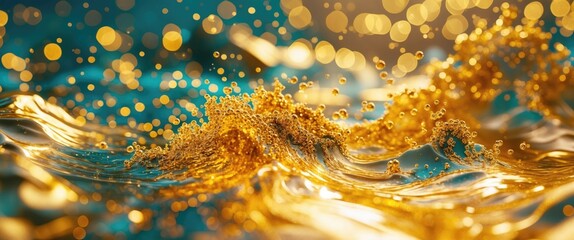 Poster - Golden water splash with bokeh highlights on a vibrant blue background, abstract liquid texture with dynamic movement and Copy Space.