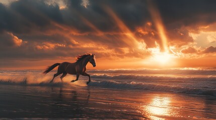 Wall Mural - Horse galloping ocean sunset beach sunrise