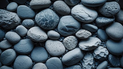 Poster - Blue toned pebbles and stones texture background with various shapes and sizes suitable for natural or organic themes Copy Space