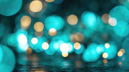 Poster - Abstract bokeh background with blurred turquoise and gold light spots illuminated in a festive pattern suitable for various design projects Copy Space