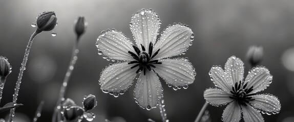 Poster - Black and white close-up of delicate flowers covered in raindrops with blurred background and copy space for text
