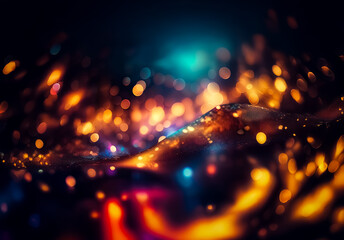 Poster - Abstract image with bokeh effects showcasing blurred warm and cool colors. Bright spots and lights contrast with the dark backdrop.