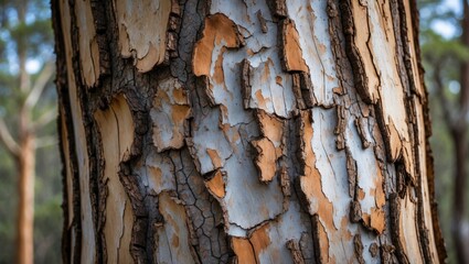 Poster - Textured close-up of eucalyptus tree bark displaying natural colors and patterns with shallow depth of field Copy Space