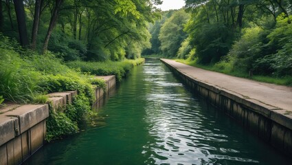 Poster - Tranquil waterway lined with lush greenery and a pathway, reflecting nature and peaceful scenery, perfect for relaxation and outdoor activities Copy Space