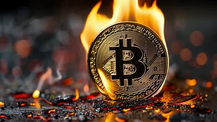 Poster - Bitcoin coin ignites amidst flames, symbolizing volatility in the cryptocurrency market