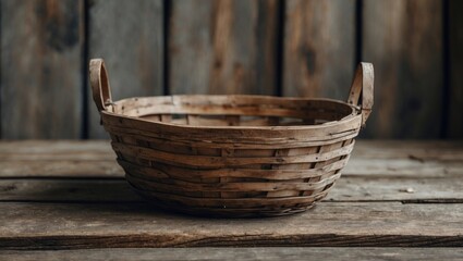 Poster - Woven wooden basket with handles on rustic wooden surface against a blurred wooden background Copy Space