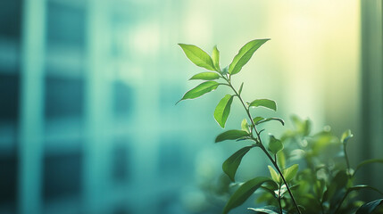 Sticker - A vibrant green plant in sharp focus against a blurred background, offering a fresh and tranquil impression of indoor nature.