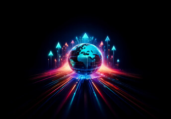 Fototapete - A glowing globe emits radiant light, surrounded by upward arrows and vibrant streaks on a dark backdrop, symbolizing global connectivity and technological advancement.