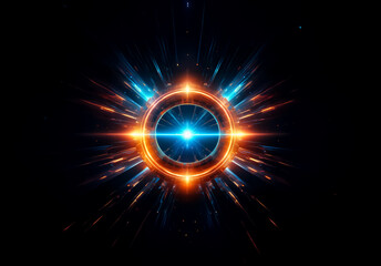 Aufkleber - Bright blue core emits orange and blue flares, creating a circular, abstract light design against a dark background.