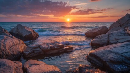 Poster - Ocean sunset over rocky shoreline with waves crashing and dramatic sky colored by the setting sun copy space