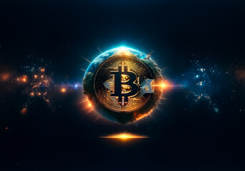 Aufkleber - Bright glowing bitcoin symbol at the center, surrounded by digital particles and energy bursts, against a dark background. Modern and tech vibe.