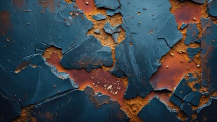Poster - Blue and rust colored peeling paint texture on wall surface with abstract patterns and details suitable for backgrounds or design projects Copy Space
