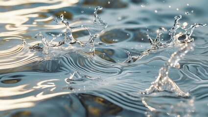 Poster - Close-up of water droplets splashing on smooth surface creating ripples and reflections with soft light Copy Space