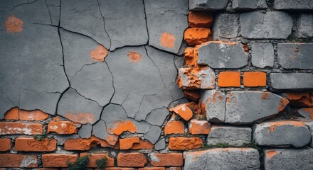Poster - Textured wall with cracked grey plaster and exposed orange brick background details, natural decay and aging highlights, Copy Space