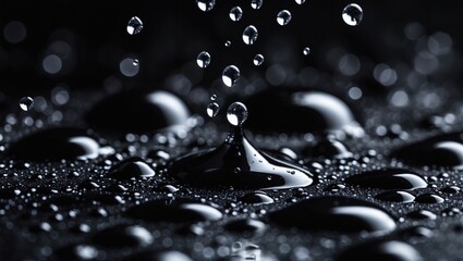 Poster - black background with water droplets splashing on a surface creating a glossy and reflective texture