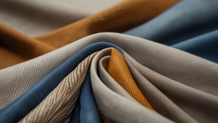 Poster - textured fabric in shades of blue, beige, and orange draped in folds with detailed weave pattern and