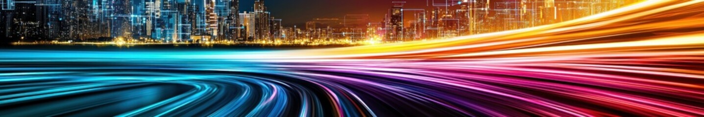 Poster - Vibrant Lights and Abstract Motion Blur Over City Skyline at Night in Colorful Spectrum