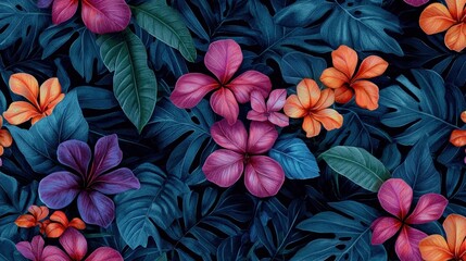 Aufkleber - Vibrant Tropical Flowers and Leaves Pattern Perfect for Summer-themed Designs and Backgrounds