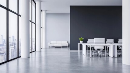 Poster - Modern Office Interior with Bright Windows and Minimalist Design for Professional Work Environment