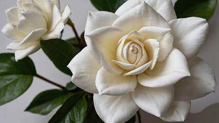 Poster - Close-up of white gardenia flower with green leaves on neutral background Copy Space