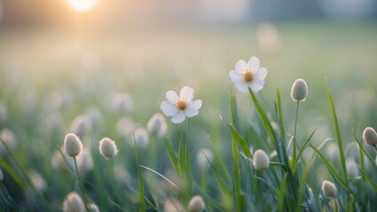 Poster - Delicate white flowers in a sunlit meadow with soft green grass and round buds against a blurred background Copy Space