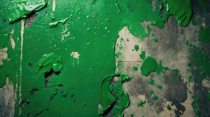 Poster - Green paint splatters and drips on a textured wall surface with concrete floor background and ample copy space for text insertion