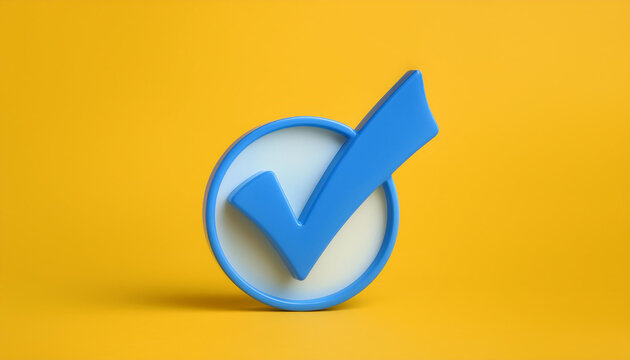 Blue check mark icon. Symbol of approval. 3D rendering, modern illustration. Yellow backdrop.