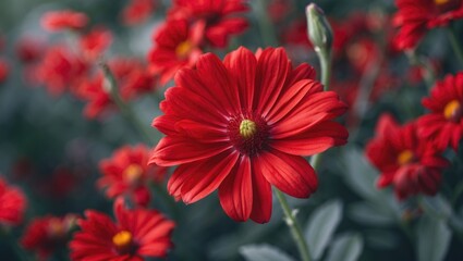 Poster - Close-up of vibrant red flowers with lush green foliage background suitable for floral design and decoration Copy Space