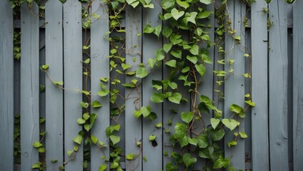 Poster - Green Ivy Climbing on Weathered Blue Wooden Fence with Copy Space for Text