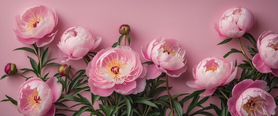 Poster - Pink peony flowers arranged on a pink background with lush green leaves and multiple flower buds Copy Space