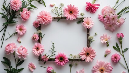 Poster - Pink flower frame arrangement with various blooms on white background Copy Space