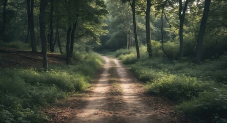 Poster - Misty forest path with greenery and sunlight filtering through trees providing natural ambiance and tranquility Copy Space