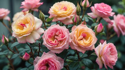 Poster - Roses in shades of pink and yellow blooming in a garden setting with greenery and soft focus background Copy Space