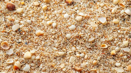 Poster - A vibrant landscape of tiny sand grains glistens in warm sunlight, showcasing an array of small shells and sparkling minerals. This sandy surface invites exploration and curiosity