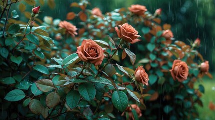 Poster - Close-up of orange roses with raindrops on green leaves in garden setting with blurred background and soft natural light Copy Space