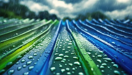 Poster - Colorful textured surfaces with rain droplets in shallow depth of field under cloudy sky for nature or weather themes Copy Space